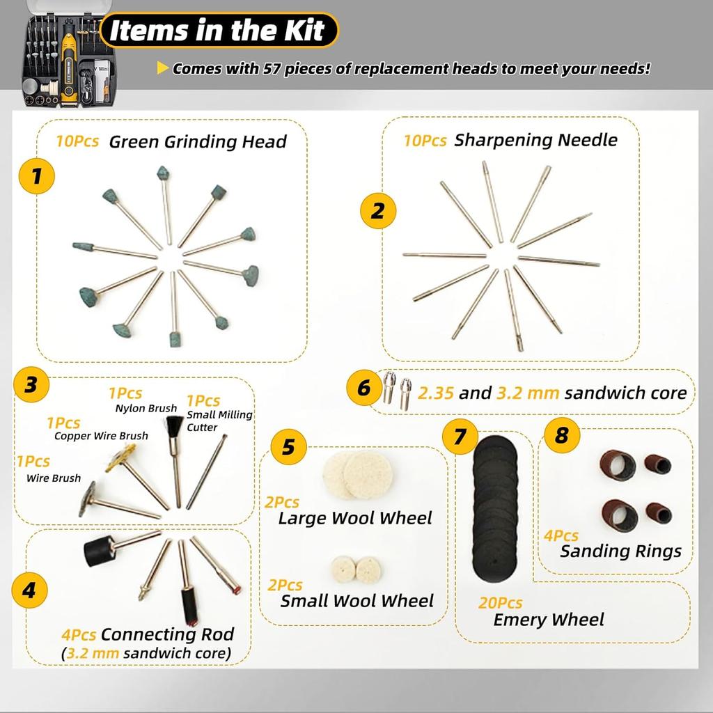 Resin Drill 3D Printed Resin Cured Sanding and Polishing Tool Kit, Mini Type-C Cordless Electric Rotary Sander with 57 Attachments for Drilling