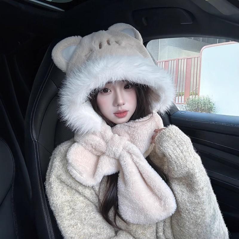 Keep warm in winter cute little fox hat scarf integrated women's plush thickened warm cycling cold protection ear hat women