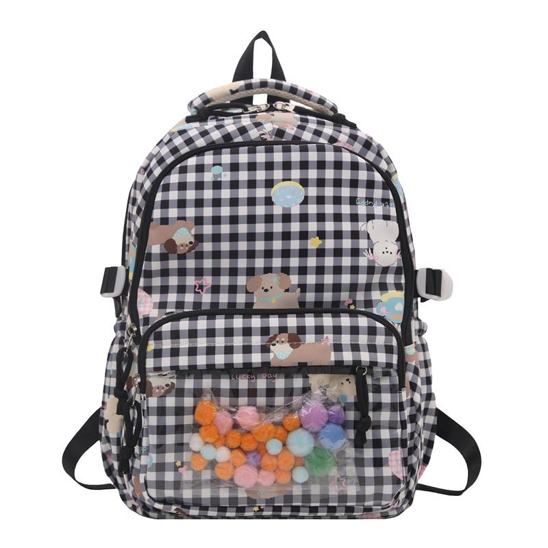 Cartoon Cat Pattern Women's Backpack Plaid Schoolbag