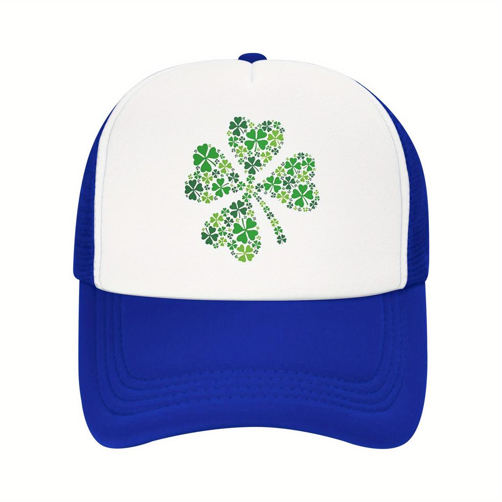 Four Leaf Clover Trucker Hat Breathable Mesh Baseball Cap Green Print Casual Adjustable Unisex Adult