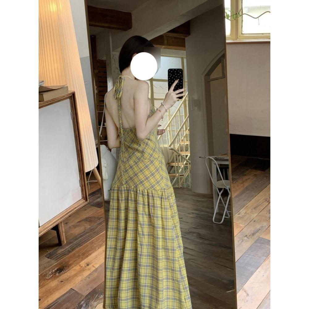 Summer Dopamine Wear Dali Holiday Beautiful Neck Suspender Dress Femininity Skinny Backless Long Skirt