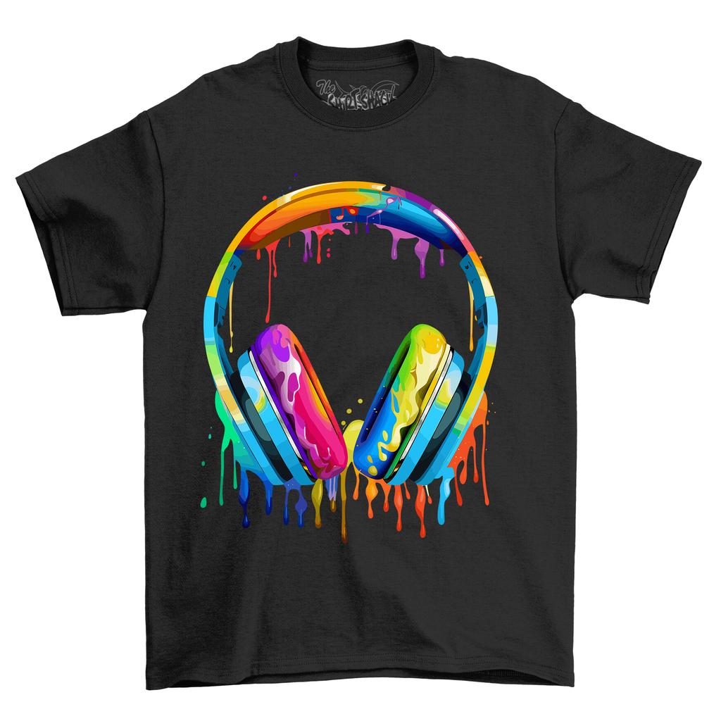 Headphones 2 Paint Drip Design T-Shirt Mens Womens Tees Top - Colorful and Groovy! Funny T-Shirt Mens Womens Tees Top, Uni