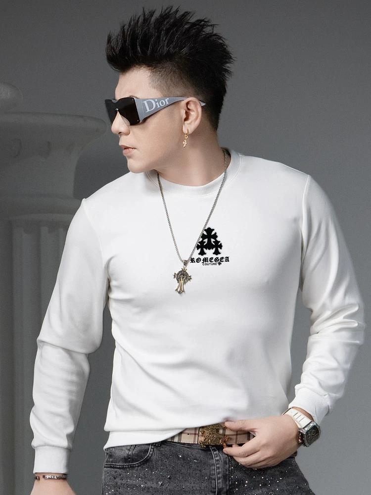 

European Style High-End Printed Men s Sweatshirt 2025 Autumn New Trendy Round Neck Long-Sleeve Top Base Shirt for Men L белый