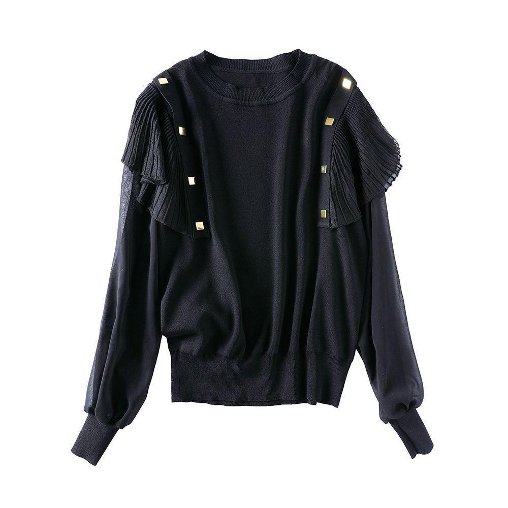 Women's Chic Chiffon Blouse - Autumn 2025 Round Neck, Ruffle Puff Sleeves, Patchwork Design, Small Size, A391.