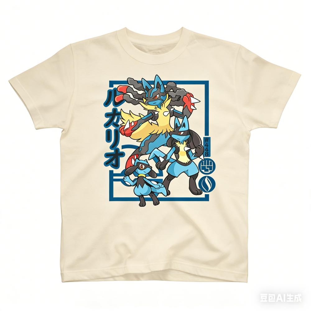 Pokémon Riolu Evolution Printed Pure Cotton T-shirt for Men and Women Spring_Summer New Collection Fashion Short Sleeved Shirt