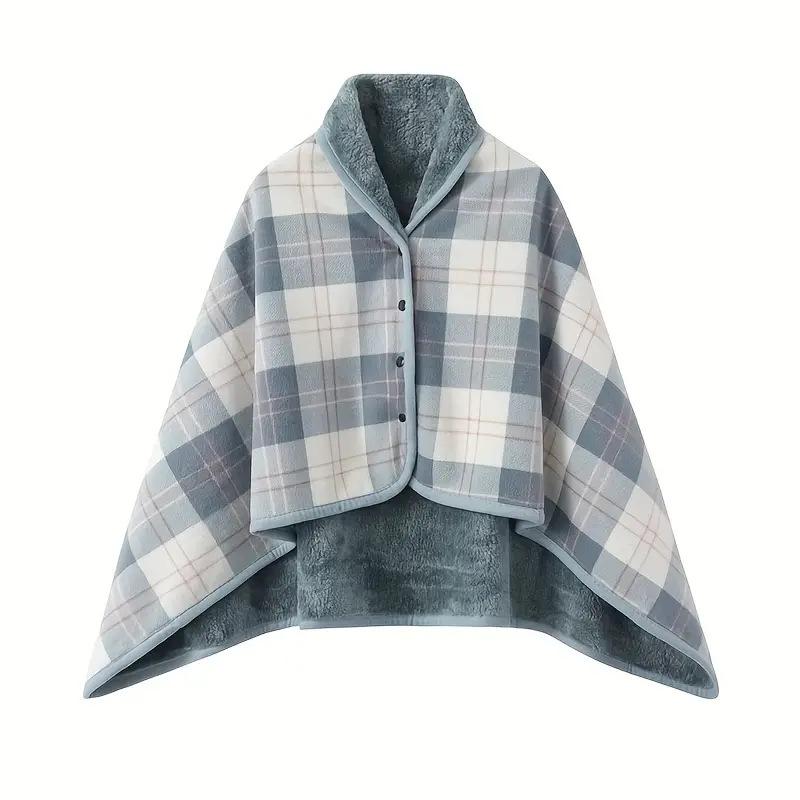 Double-Layer Fleece Shawl Blanket with Buckle - Warm, Multifunctional Office Blanket for Women
