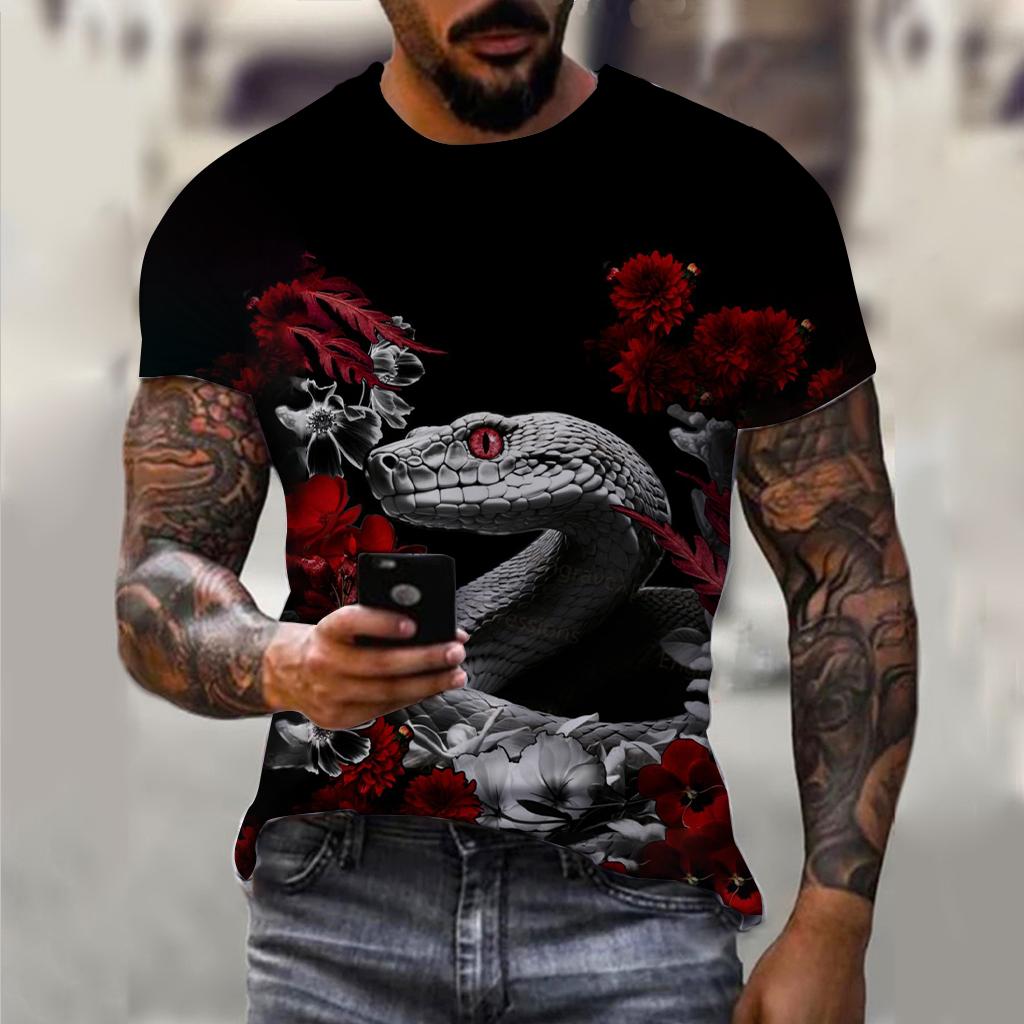 3D Printing 2025 New Year Snake Year Fierce Men's Casual Short Sleeve T-shirt Comfortable Breathable Retro Printed Short Sleeve