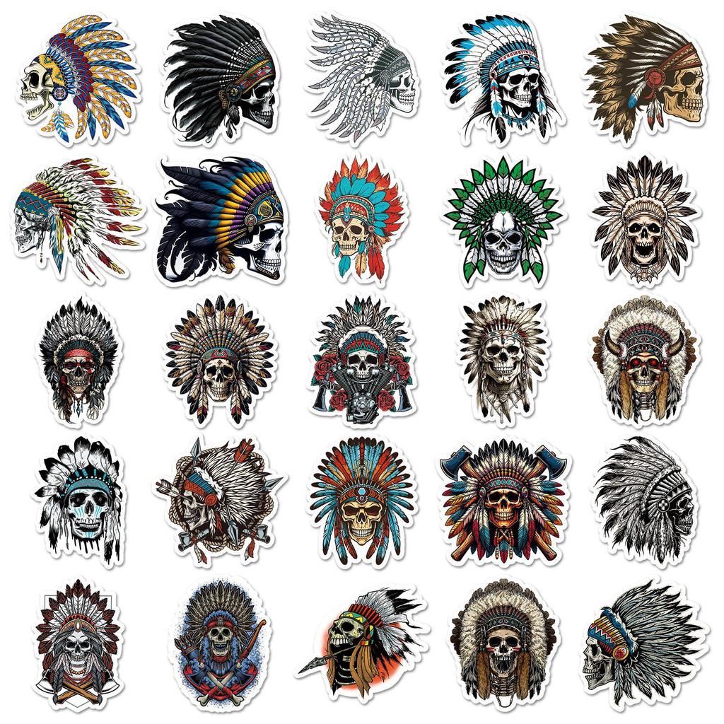 50PCS Retro Chief Skull Stickers: Cool, Creative, Waterproof Halloween Décor for Journals & Glass
