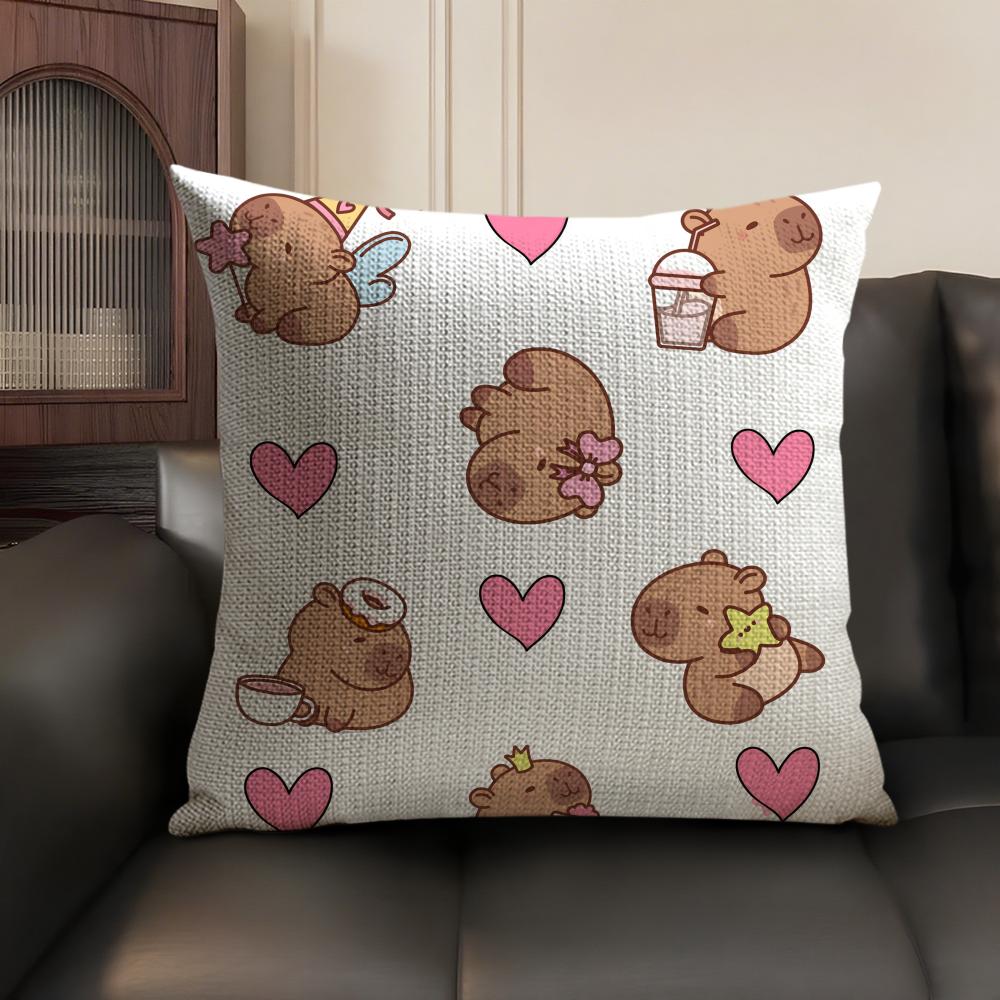 Capybara Cartoon Cute Cushion Cover Natural Linen Organic Fabric DoubleSided Printing Sofa Home Decor Gift Pillow Case