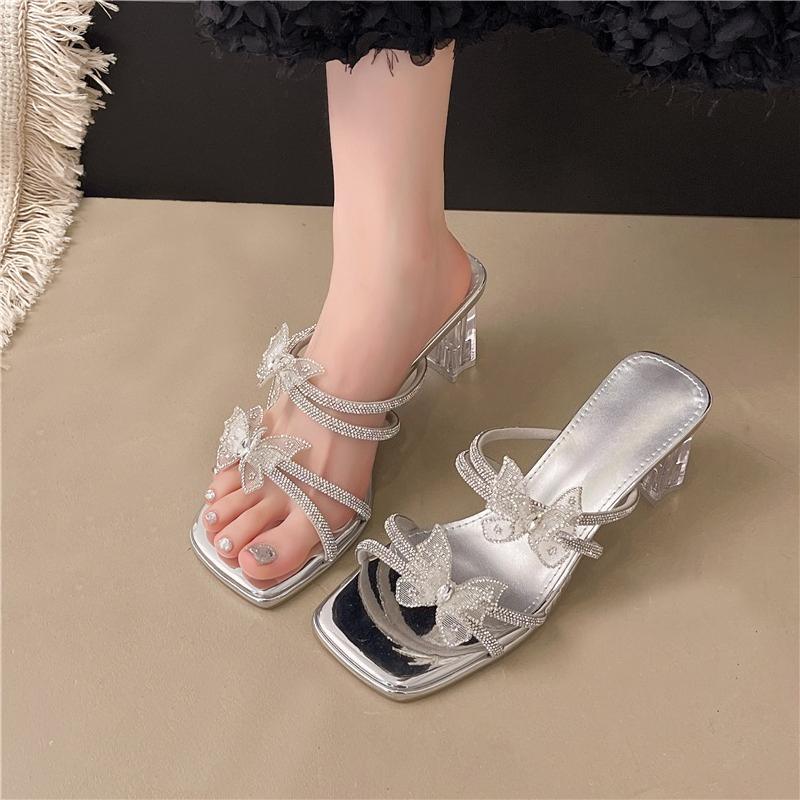 New Butterfly Slippers for Women in Summer New Square Toe Open Toe Crystal Block Heel High Heel Sandals for Summer