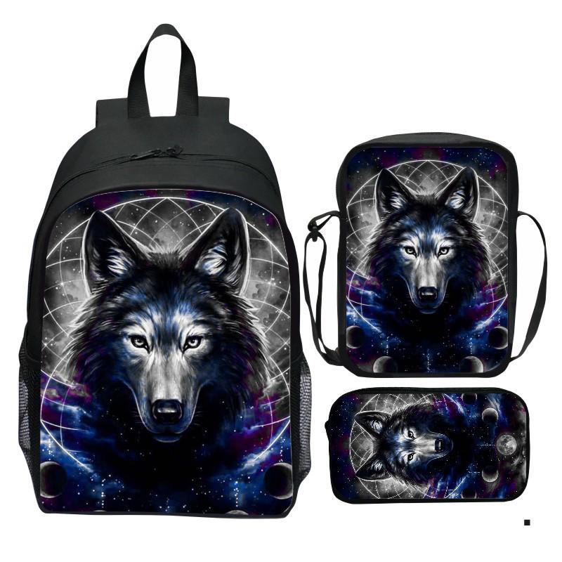 Bedruckter Universum Sternenhimmel Rucksack 3-teiliges Set Tier Wolf Löwe Rucksack Kleine Umhängetasche Federmäppchen