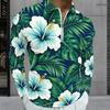 Men s Plus Size Quarter Zip Long Sleeve Collared Tropical Floral Printed Polo Shirt With Side Pockets