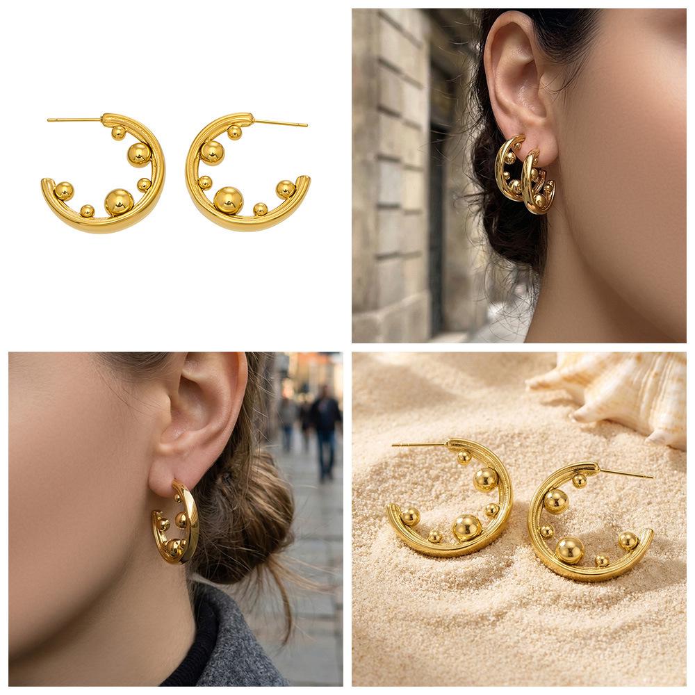 C-Shaped Gold Bead Earrings: European and American Design, Stainless Steel, Thick Gold Plating.