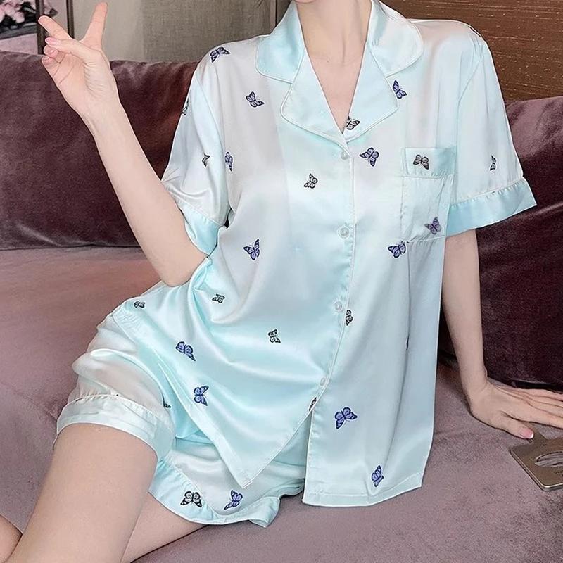 

Элегантная бабочка Литературная эстетика Женская пижама Летний новый домашний комплект для сна Светло-голубой Свежий Короткий рукав+шорты XXL синий