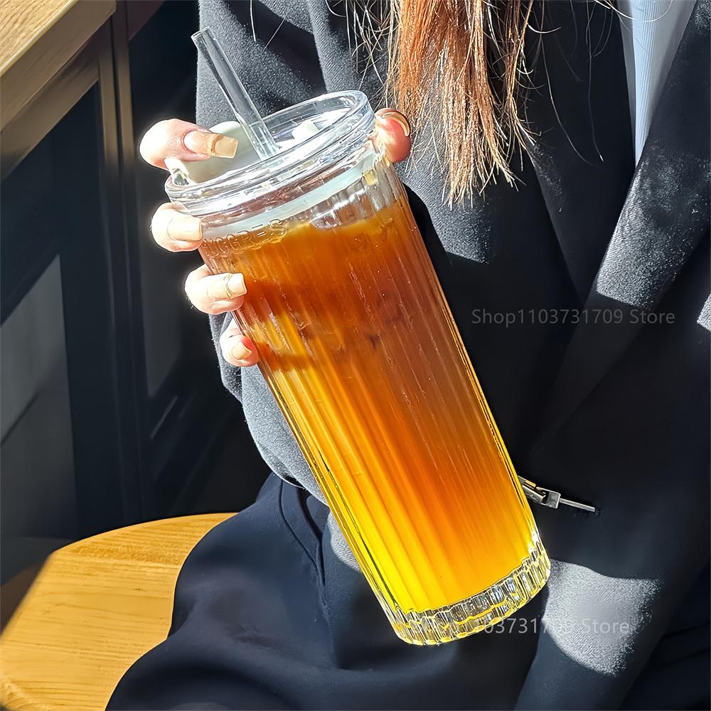 600ML Stripe Glass Cup With Lid and Straw Thickened Transparent Coffee Cup Drinking Glasses For Milk Tea Juice Iced Coffee Mugs