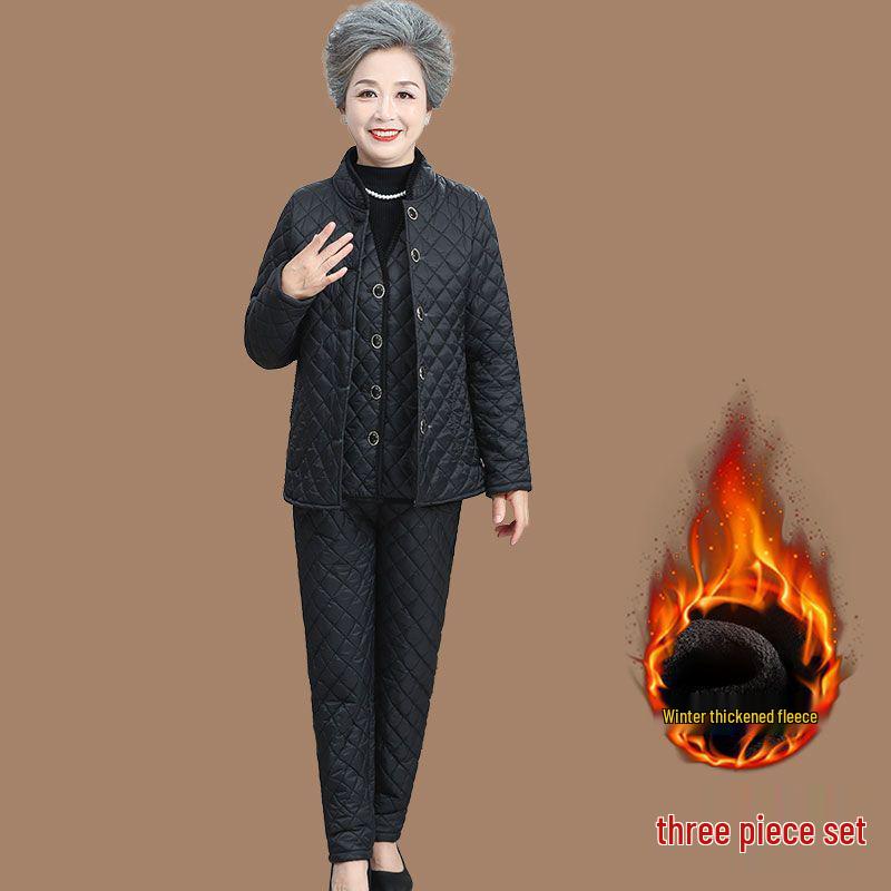 Warm Winter Three-Piece Set for Elderly Women: Fleece-Lined Cotton Coat and Pants