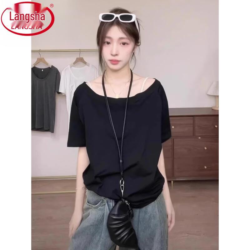 Langsha Women s Asymmetric Shoulder Short Sleeve T-shirt M (90-105 lbs) чёрный