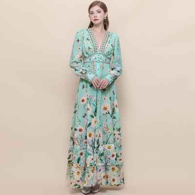 Summer Floral Printed V Neck Long Dress Women Casual Long Sleeve High Waist Slim Maxi Dress Elegant Beach Vacation Party Dress