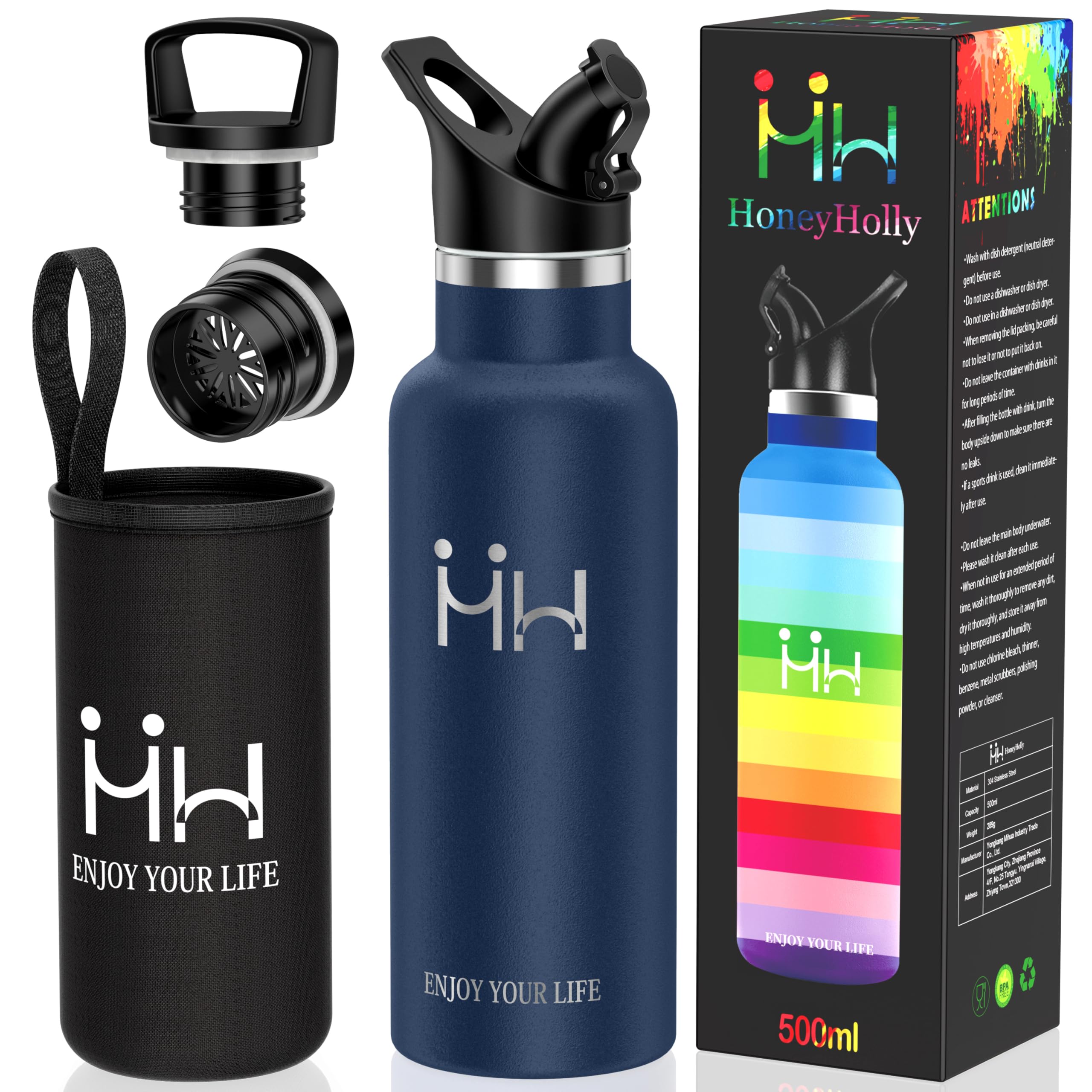 

Kkapping Insulated Water Bottle, Lightweight 500ml Stainless Steel Bottle with Two Lids, Tea Strainer, and Cover, Vacuum Insulated, BPA-Free,