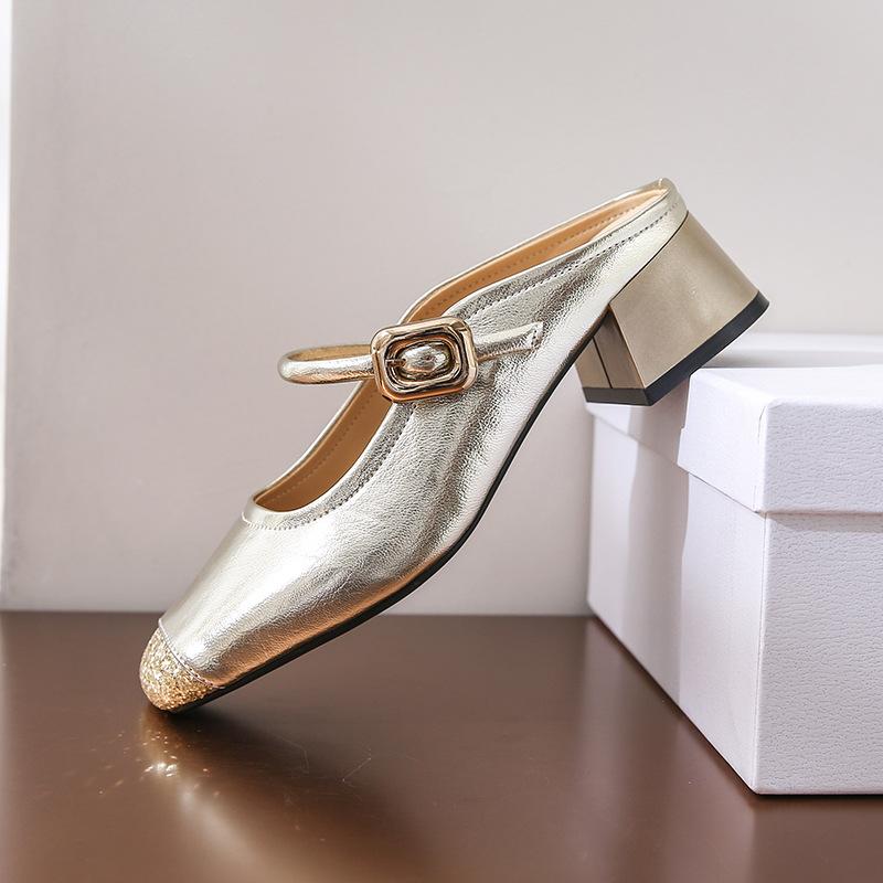 

2024 летние новые туфли Мэри Джейн на мягкой подошве женские ленивые полутапочки толстый каблук универсальные сандалии темперамент одиночные туфли обувь Muller 33 чёрный