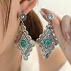 Vintage Carved Texture Turquoise Earrings, Bohemian Ethnic Style Rhombus Exaggerated Earrings For Women