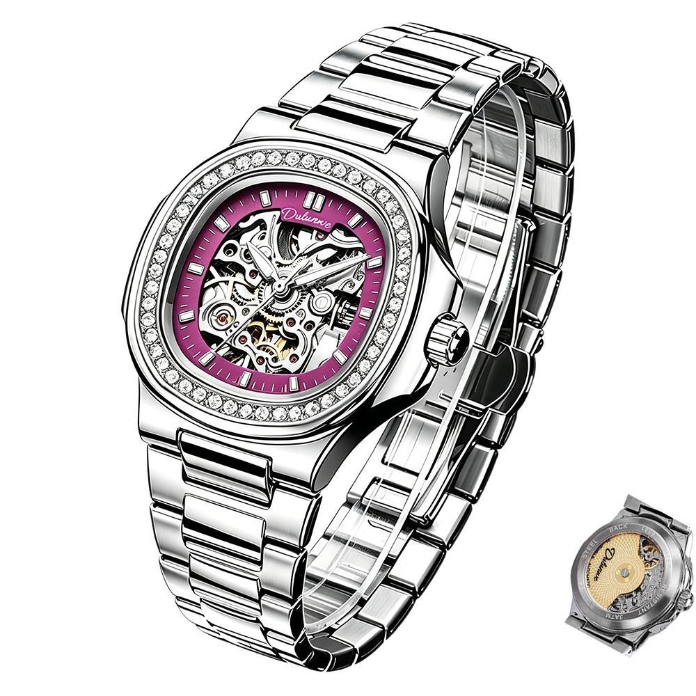 

Womens Automatic Mechanical Watch Skeleton Dial with Diamond Bezel Waterproof Luminous Ladies Wrist Watch Steel band темно-розовый