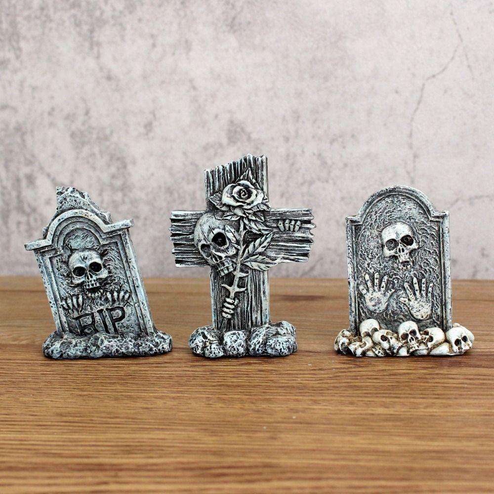 3pcs Skull Cross Halloween  Tombstones Figurine Resin Crafts Tombstone Statues  Party Layout