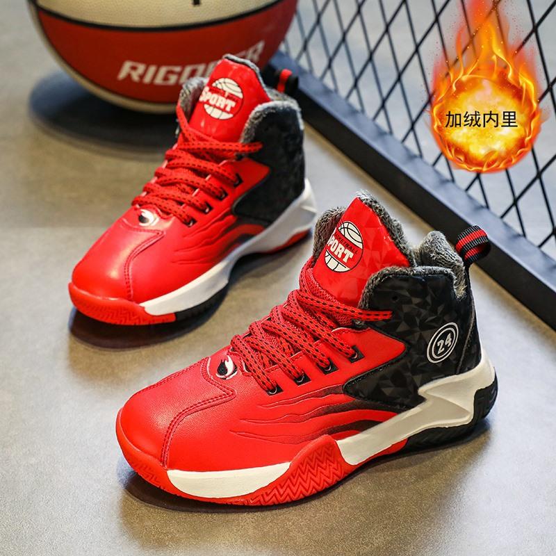 2025 Winter New Boys Basketball Shoes Velvet Warm Leather Waterproof and Cold-proof Middle and Older Boys Sports Cotton Shoes