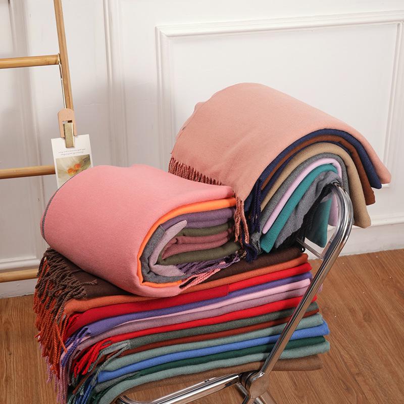 Double-Sided Women's Wool and Cashmere Scarf - Warm, Thickened Shawl for Autumn/Winter