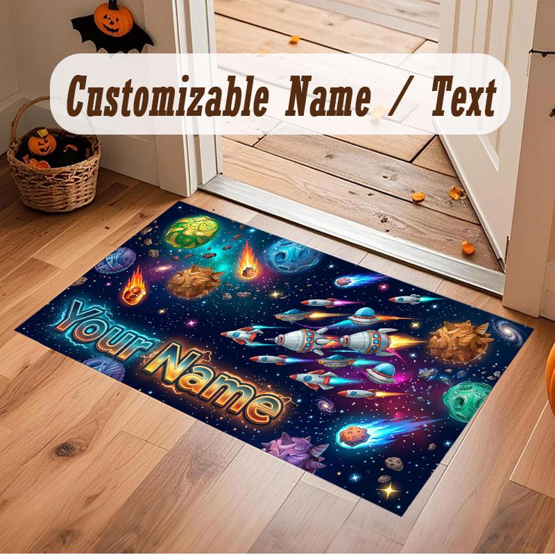 Space Cosmic Theme Crystal Velvet Floor Rug Personalized Custom Name Text Warm Carpet Home Decoration