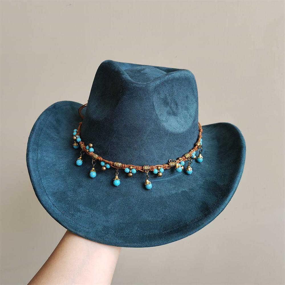 New Blue Suede Hat 7.5Cm Western Cowboy Women'S Fedora Hat Men'S Church Jazz Hat Fashion Travel Party Hat Denim Hat