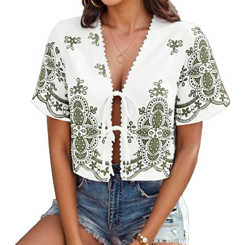 

ZANZEA Женская повседневная летняя блузка с принтом, V-образным вырезом, короткими рукавами и шнуровкой L зелёный