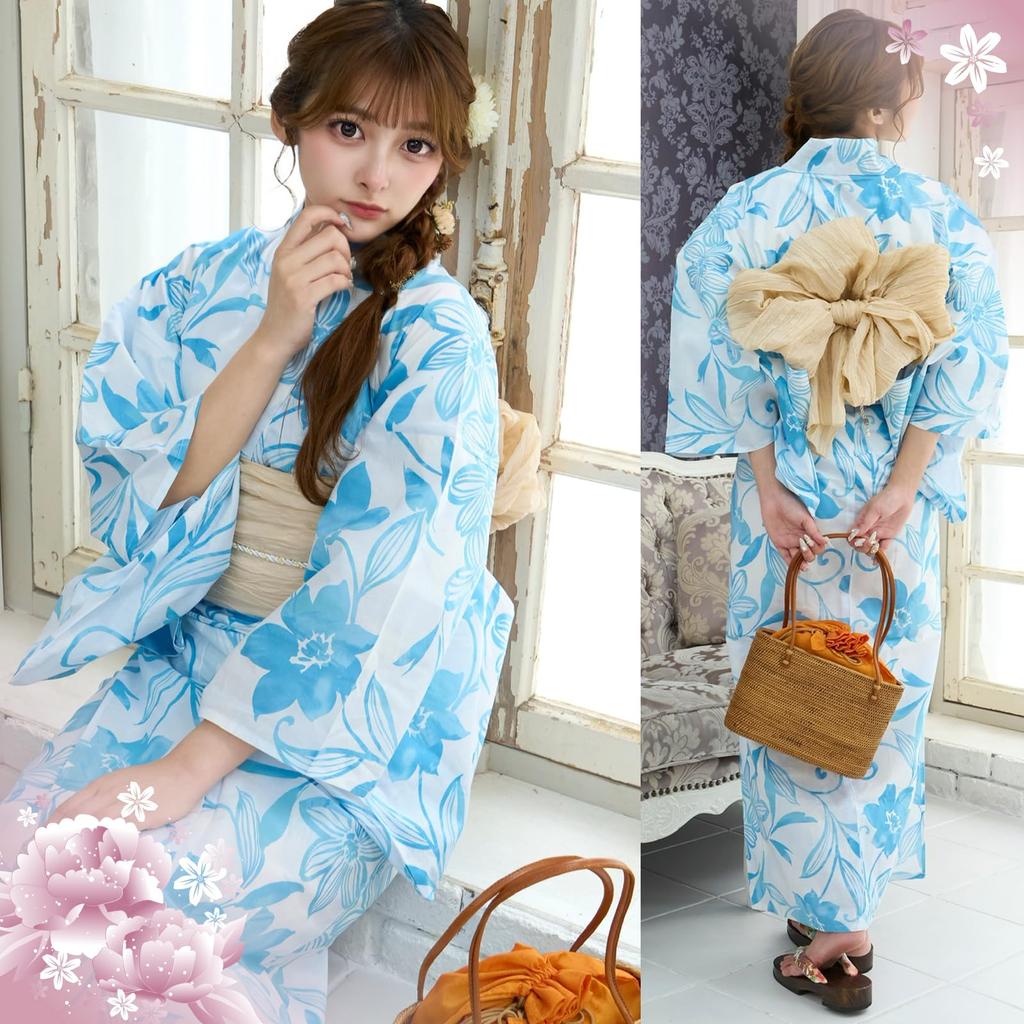 RAVIR Yukata Refreshing White Background with Watercolor Fluffy Obi and Geta One Size Fits All Women's 3-Piece Set, Flowers, Belt, Sandals, Blue,