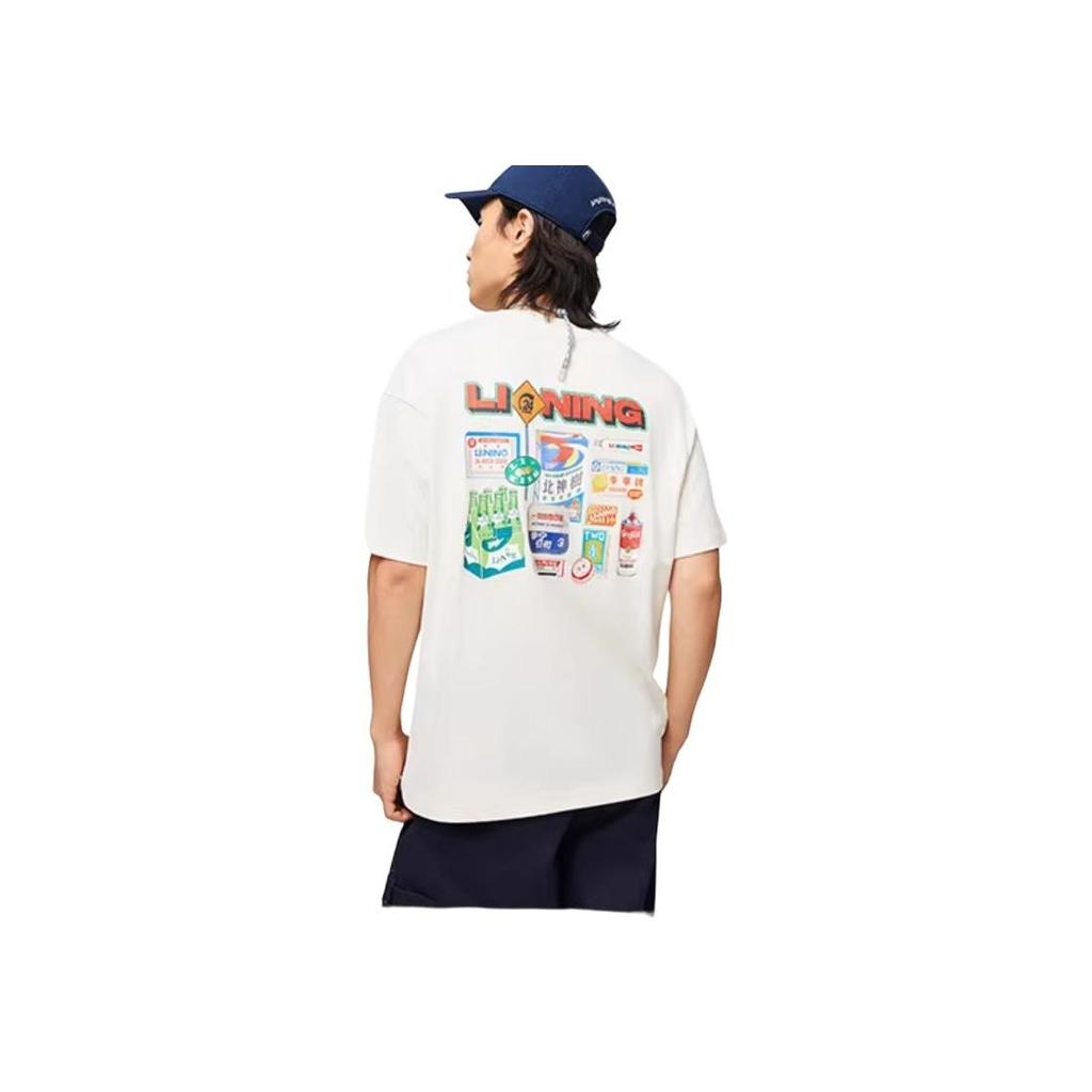 Li-Ning Letter Print Casual Crew Neck Pullover Short Sleeve T-Shirt Men Tops Off-White AHSU017-3