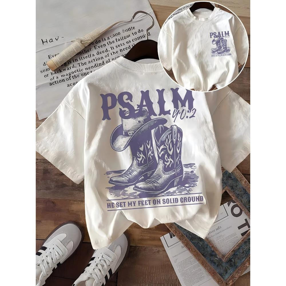 Christian Bible Verses Psalms Cowboy Boots T-shirt Retro Western Graphic Tees Women Summer Loose Casual Short-sleeved Top M