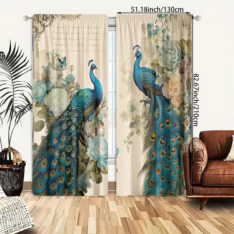 2 Pieces of Peacock Newspaper Printed Curtains, Pole Bag Bedroom and Living Room, Home Decoration, Room Decoration