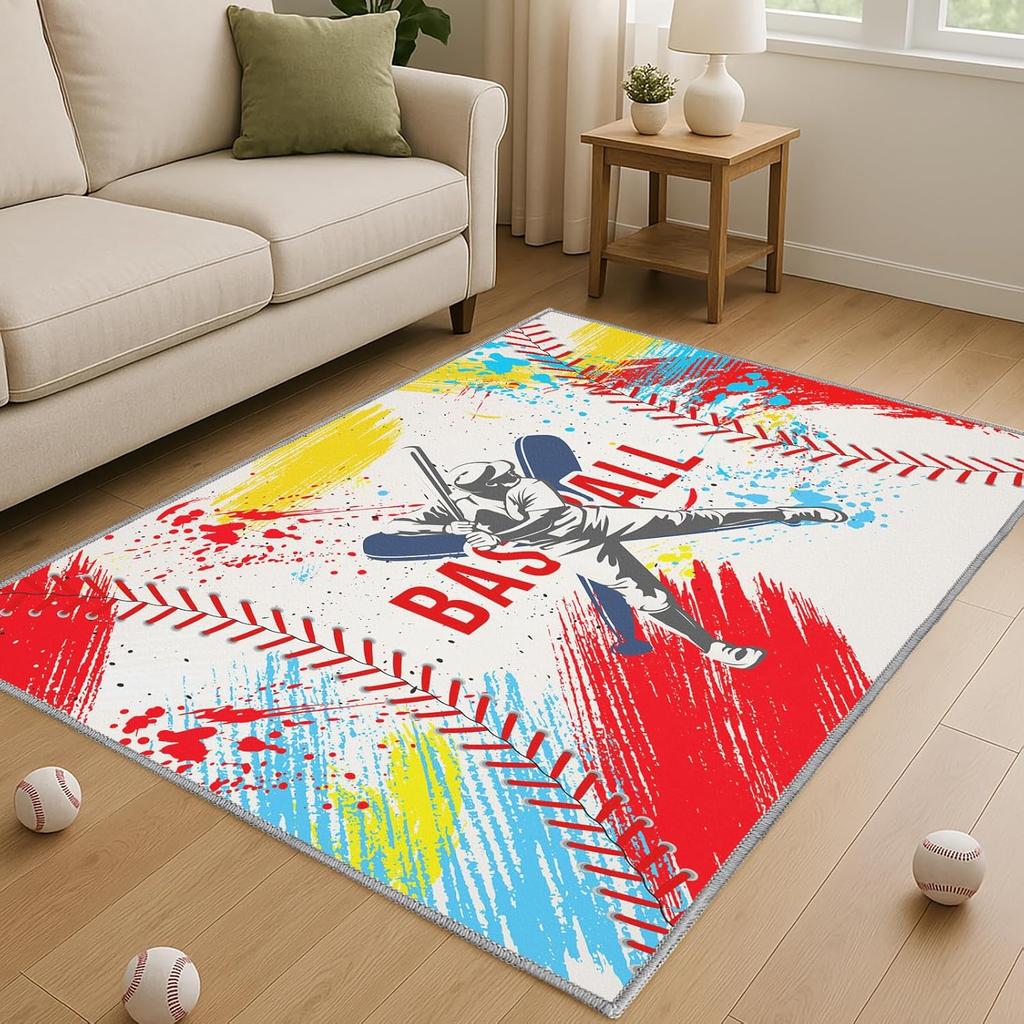 Baseball Rug for Bedroom,3'x5' Non-Slip Sports Rug for Game Room,Living Room or Baseball Decor Themes