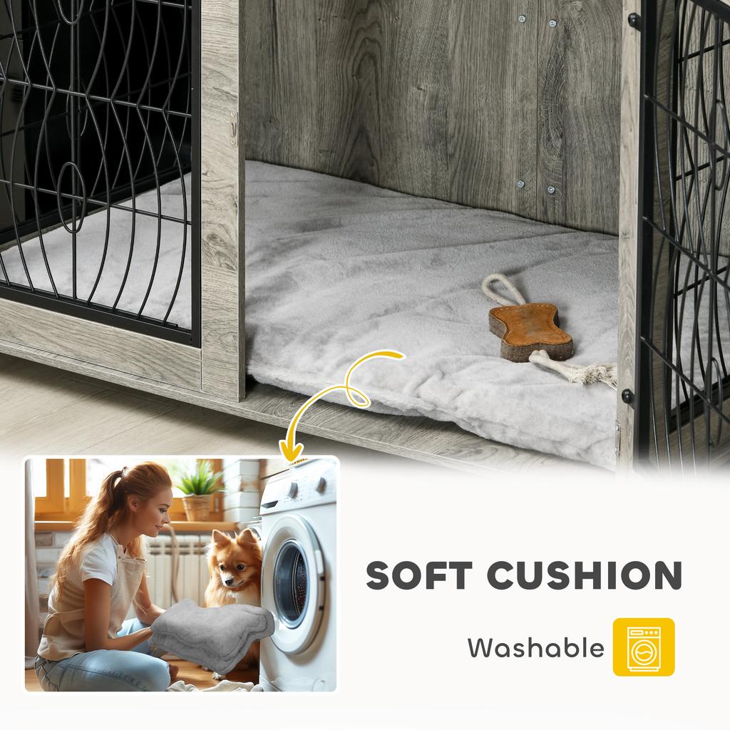 Indoor Dog Crate Furniture End Table with Soft Washable Cushion, Lockable Front Door, for Large Dogs - Grey