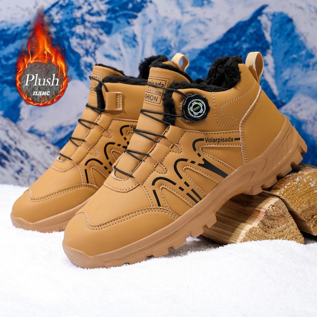 Rotary Quick Lock Buckle Waterproof Leather Non Slip Lug Sole Warm Ankle Hiking Booties Cold Resistant Outdoor Trekking Footwear