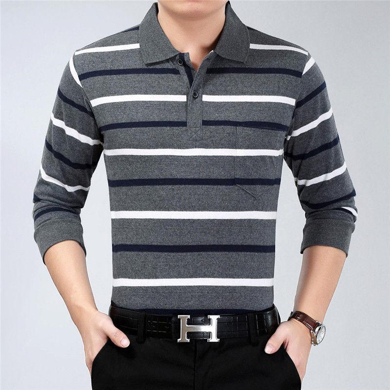Moda Hombre Nuevo Negocios Camisas Polo Rayadas Coreano Primavera Otoño Casual Manga Larga Solapa Bolsillos Ropa Masculina Algodón Tops 2025