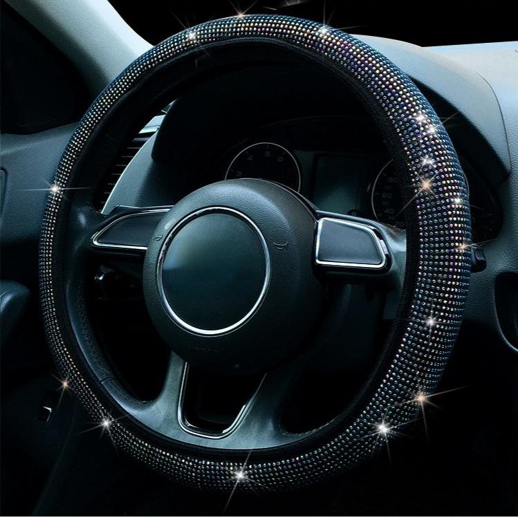 38cm Bling Rhinestones Steering Wheel Cover for Women Girl with Crystal Diamond Sparkling Car SUV Breathable Anti-Slip Universal Steering Wheel Covers