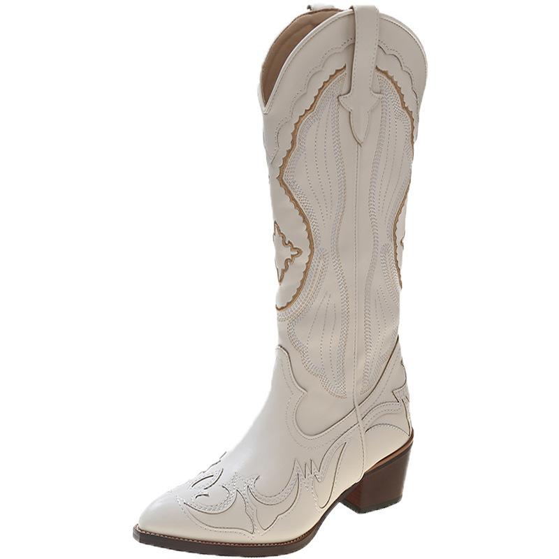 

Long boots Medium tube Knight boots High tube Fattened beige pointed head Autumn and winter Su Yinyin high-end v-neck women 42