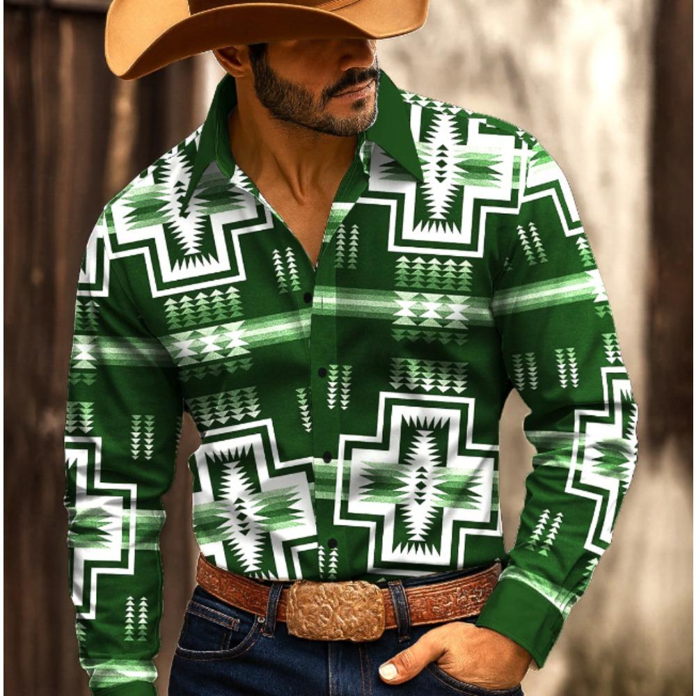 Men's Geometric Pattern Printed Long Sleeve Shirts Casual Cardigan New Button Holiday Fashion Shirts