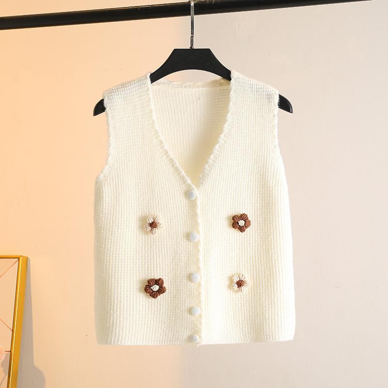 Handgefertigte gestrickte Weste mit Blumenapplikationen, modischer V-Ausschnitt, ärmellose kurze Strickjacke für Frühling und Herbst