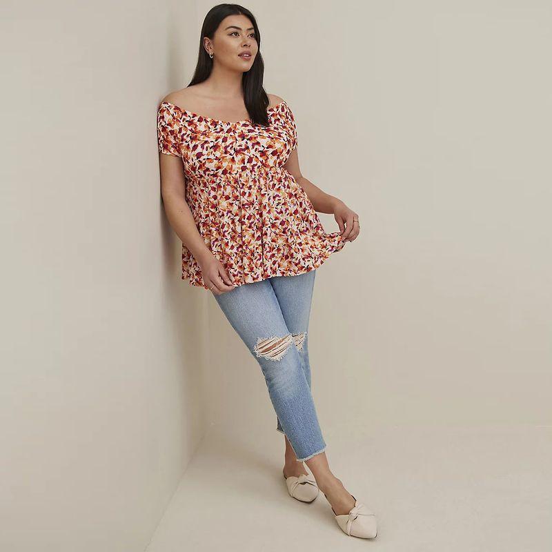 

off-Shoulder New Plus Size Ladies Retro Gentle Style Short-Sleeved Top Orange embroidered patch 2