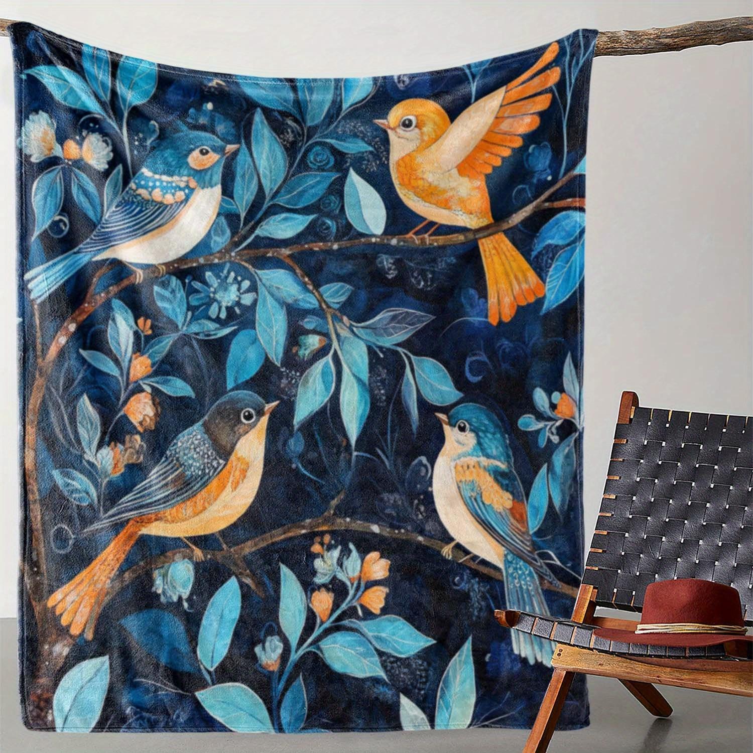 

1pc Zeal Lily Flannel Blanket - Vintage Botanical Birds & Leaves Print, Soft Warm All-Season Throw for Sofa Bed Car Camping 75x90cm28x35in