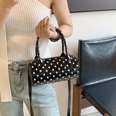 Sac Cylindrique à Pois en Polyester Anti-éclaboussures Style Coréen Sac à Main Fille Spicy Noir Contraste Couleur Sac Bandoulière en PU