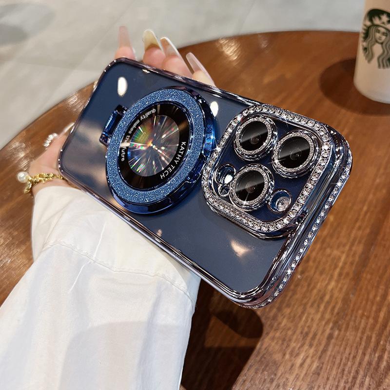 Applicable to iPhone17PRO mobile phone case, advanced sense rhinestone glitter, magnetic suction bracket, Apple 16E transparent sheath 15.