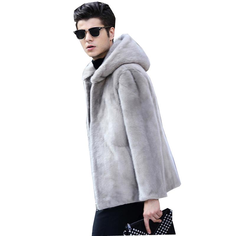 Autumn and winter new men's fur coat imitation mink hair mink coat men's hooded short middle-aged slim coat