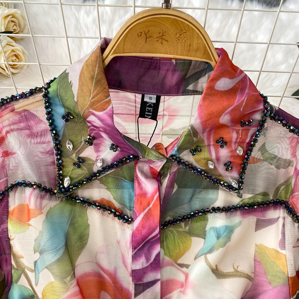 Diamond Embedded Gemstone Collared Long Dr Women's Slimming Beautiful Holiday Print Full Dresses  A-Line Woman Dress
